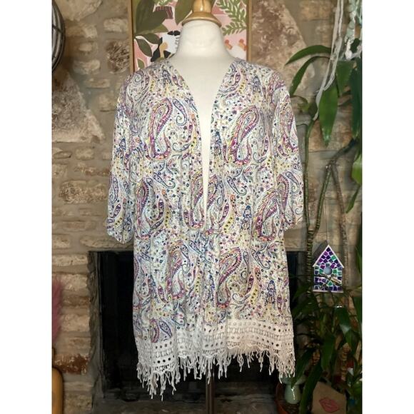 Floral & Paisley Fringe Open Front Cardigan Duster - Bobeau - Size Large - Picture 4 of 7